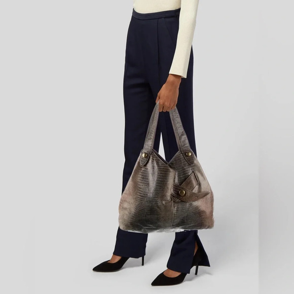 Diane Von Furstenberg Green Reptile Leather Double Strap Bag w/ Matching Pouch - Picture 3 of 8